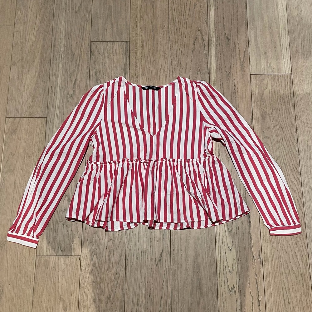Zara Red & White Striped Peplum Top
